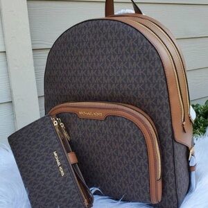 Michael Kors Jaycee Large Backpack + Wallet Set In Brown Signature NEW